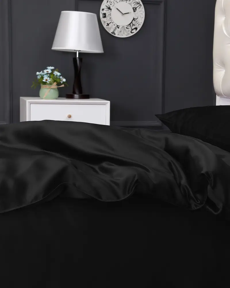 Copripiumino Di Seta Nero Cerniera Nascosta, Senza Cuciture 100% Seta Naturale Previene Le Rughe Per Un Sonno Migliore