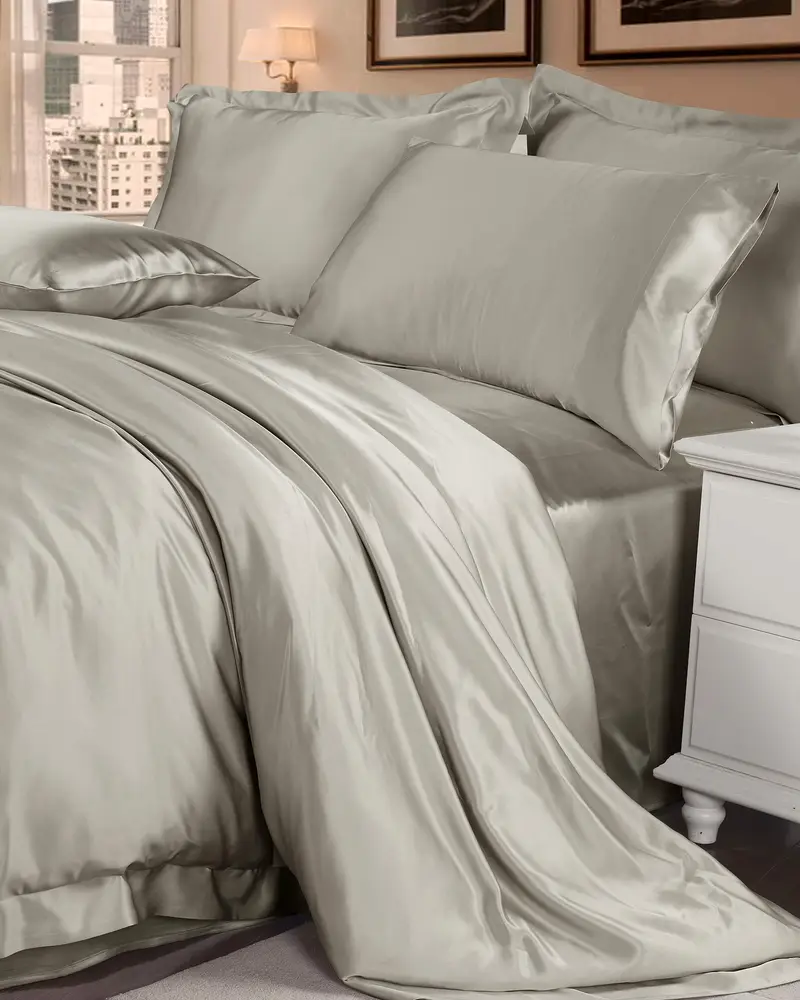 Copripiumino Seta Grigio Argento Chiusura Con Cerniera Nascosta 100% Seta Pura Più Duraturo E Più Rispettoso Dell'Ambiente