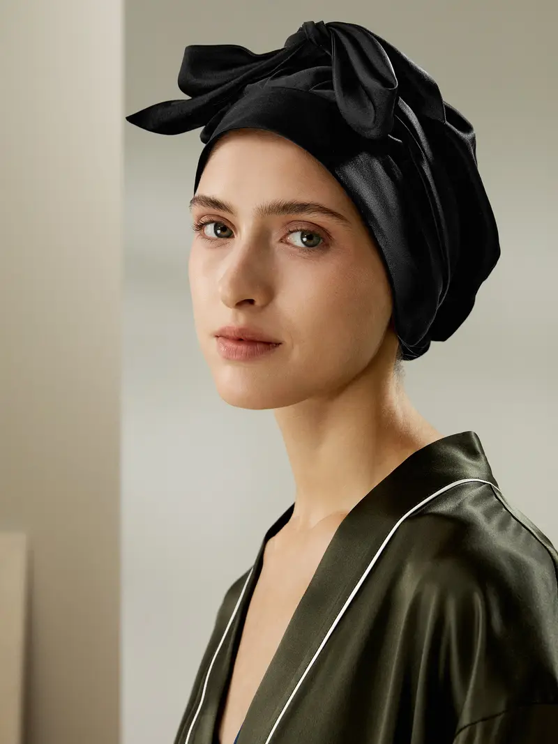 Lilysilk Cuffia Doccia Nero in Seta per Capelli Ricci con Fascia Regolabile