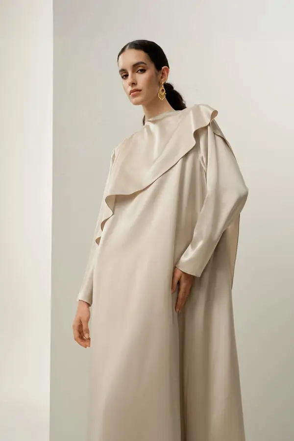 Donna Abito Elegante in Seta Stretch Asimmetrico Maxi Caffè Brillante