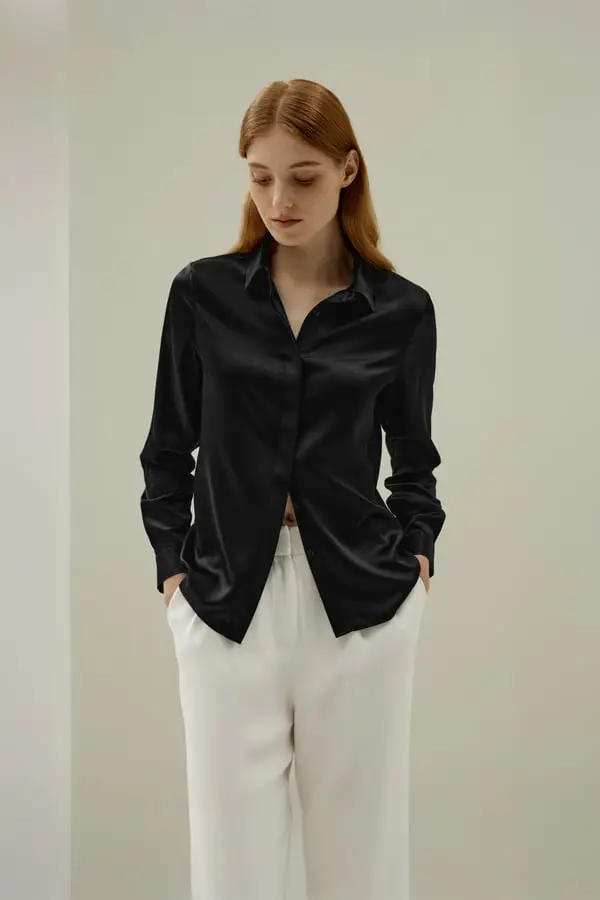 Donna Camicetta Classica in Seta Charmeuse Lucida Nero