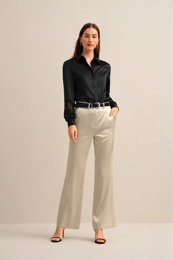 Donna Camicetta in Seta Charmeuse con Pizzo Elegante Nero