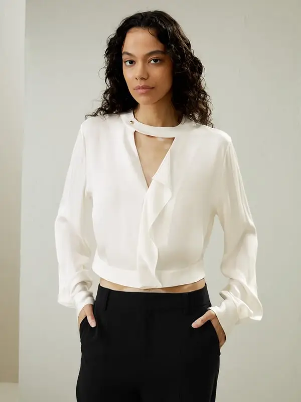 Donna Camicia Cropped in 100% Seta Double Joe con Scollo a V Bianco Perla