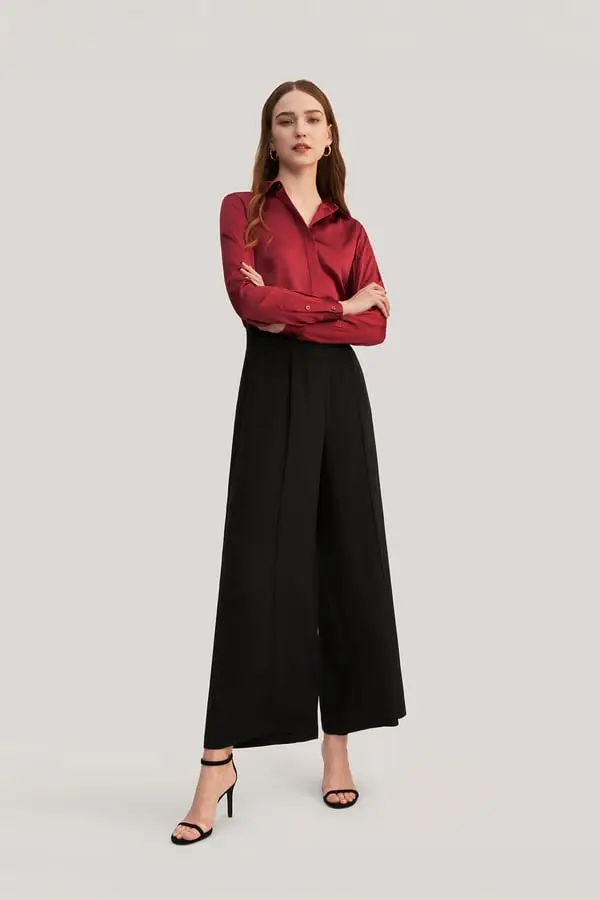 Donna Camicia in Seta Charmeuse Lucida Maniche Lunghe Violetto Rosso