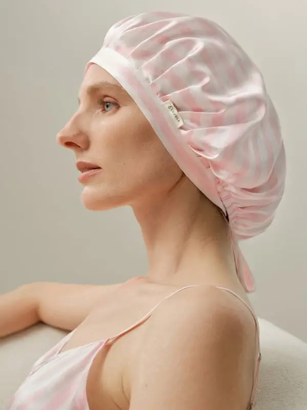 Donna Cuffia Notte in Seta Charmeuse 19 Momme a Righe Rosa Rosa Pallido & Righe Bianche