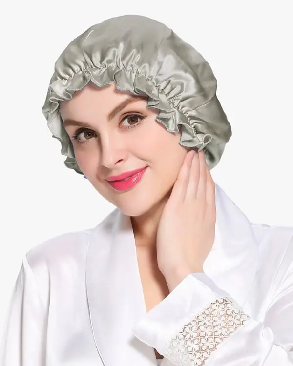 Donna Cuffia Notte Seta 100% Morbida con Elastico Volant Grigio Argento