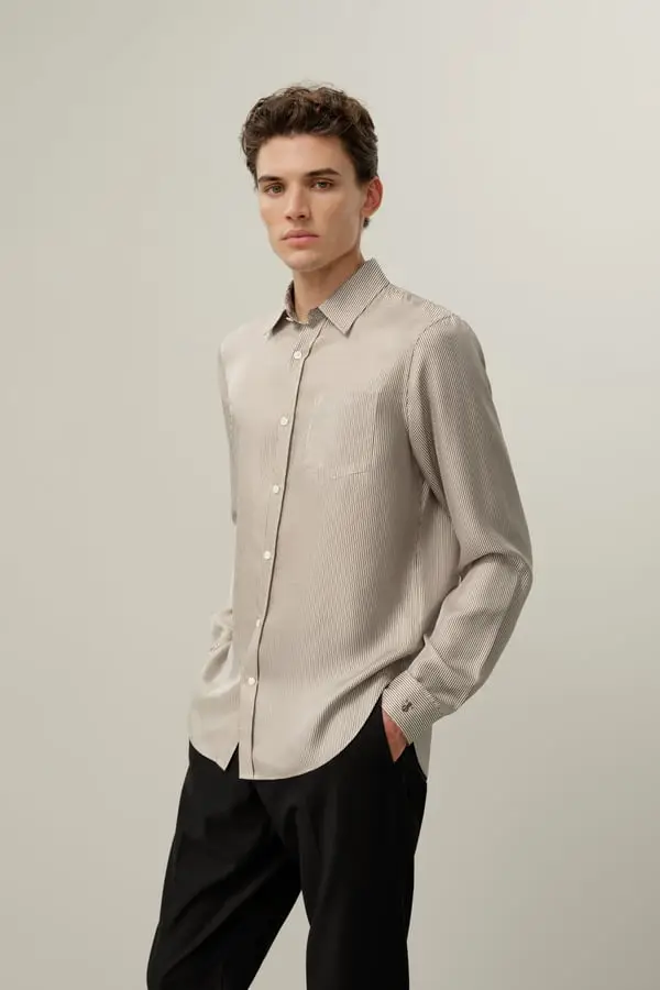 Donna Elegante Camicia Classica in Twill di Seta a Strisce Marroni Striscia di marroni