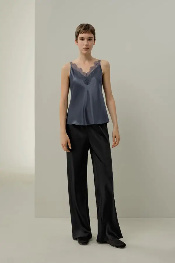 Donna Elegante Seta di Gelso Morbida con Pizzo Camisole Lago Notturno