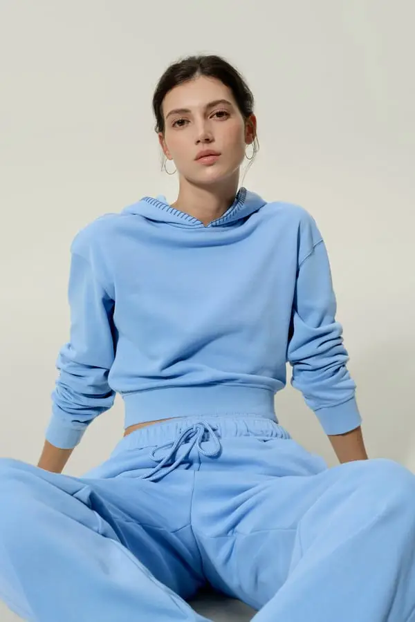 Donna Felpa Corta in Seta e Cotone Morbido Pullover con Cappuccio Blu Laguna