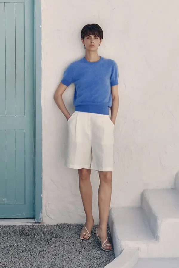 Donna Maglione Cashmere Spazzolato Morbido Maniche Corte Blu Oceano