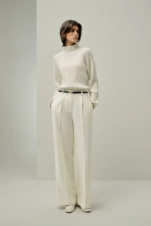 Donna Maglione in Lana e Cashmere Mezzo Collo Alto Jacquard Bianco