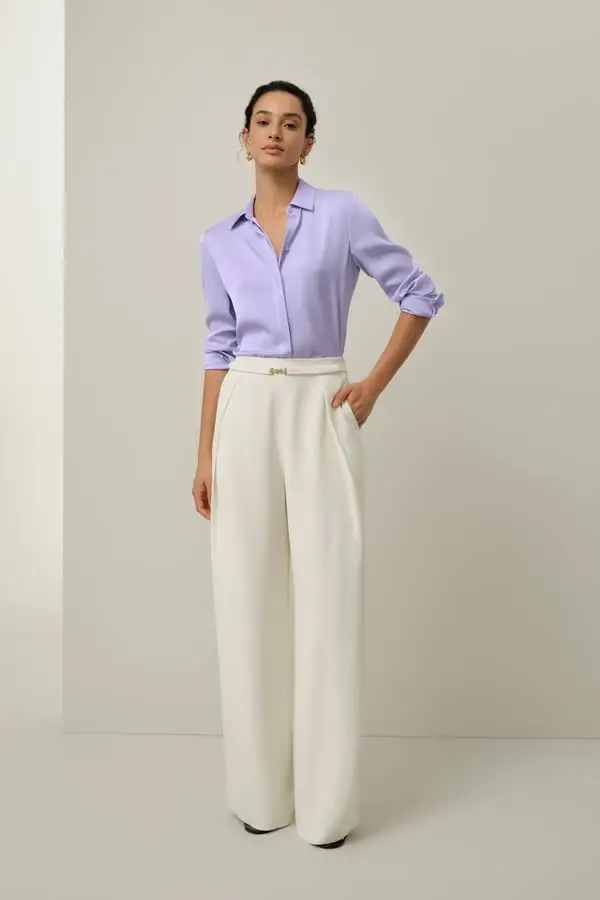 Donna Pantaloni Gamba Larga in Crêpe di Seta Pesante Bianco Fumo