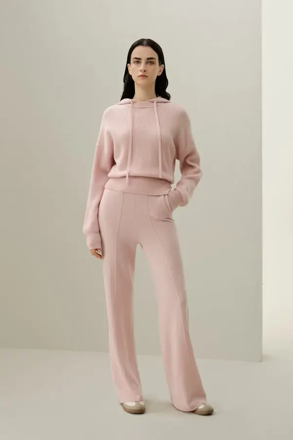 Donna Pantaloni in Puro Cashmere Morbidi Fluidi a Vita Alta Rosa rosato
