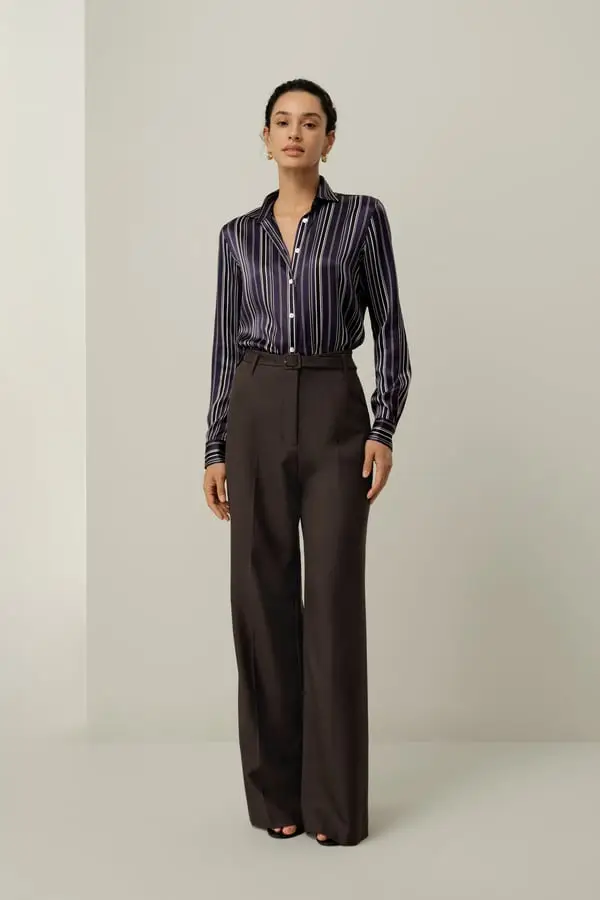 Donna Pantaloni Vita Alta Lana Seta Gamba Larga Marrone Castagna