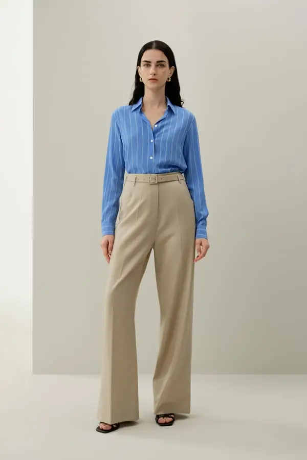 Donna Pantaloni Vita Alta Lana Seta Lucente Gamba Larga Mandorla