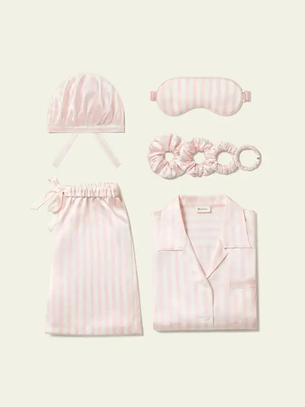 Donna Pigiama Corto in Seta Charmeuse Righe Rosa con Maschera & Accessori Rosa Pallido & Righe Bianche