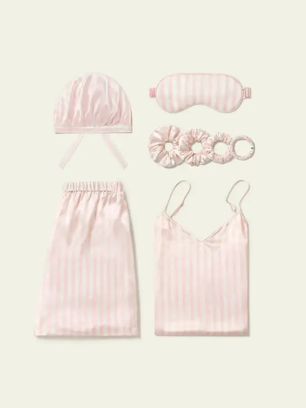 Donna Pigiama in Seta Charmeuse Elegante con Spalline Regolabili Rosa Pallido a Righe - Taglie Disponibili Rosa Pallido & Righe Bianche