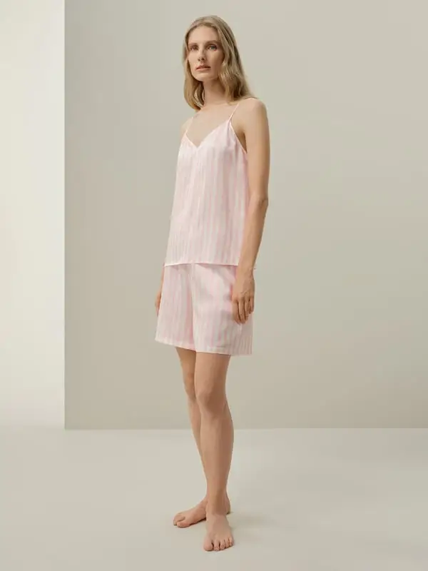 Donna Pigiama in Seta Charmeuse Slim con Canottiera a Righe Rosa Rosa Pallido & Righe Bianche