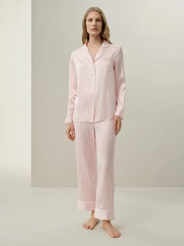 Donna Pigiama Lussuoso in Seta Charmeuse a Righe Rosa Pallido Rosa Pallido & Righe Bianche