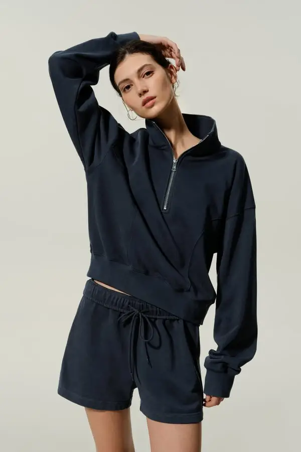 Donna Pullover in Misto Seta Morbido con Mezza Zip Heirloom '89 Marino