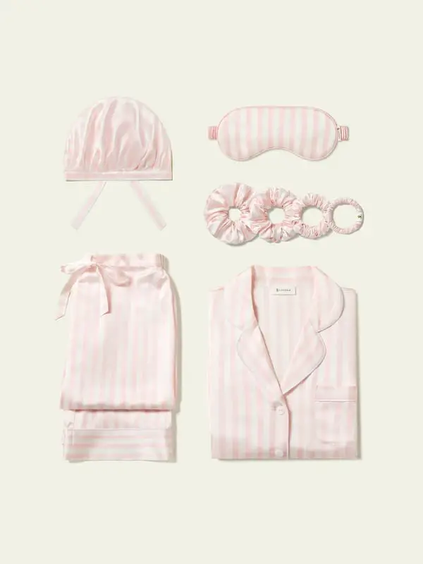 Donna Set Pigiama Lungo in Seta Charmeuse con Maschera & Accessori - Rosa a Righe Rosa Pallido & Righe Bianche