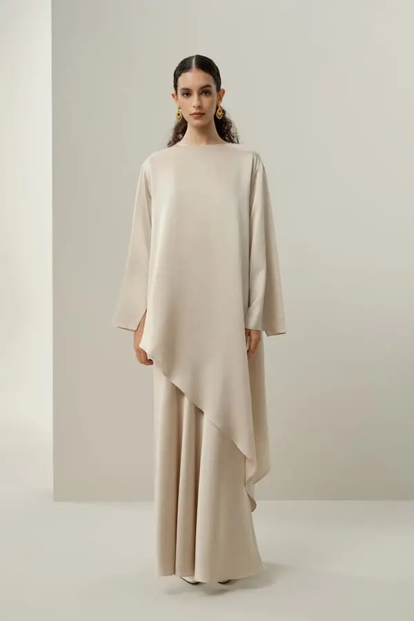 Donna Tunica Elegante Seta Stretch Luminosa Asimmetrica Caffè Brillante