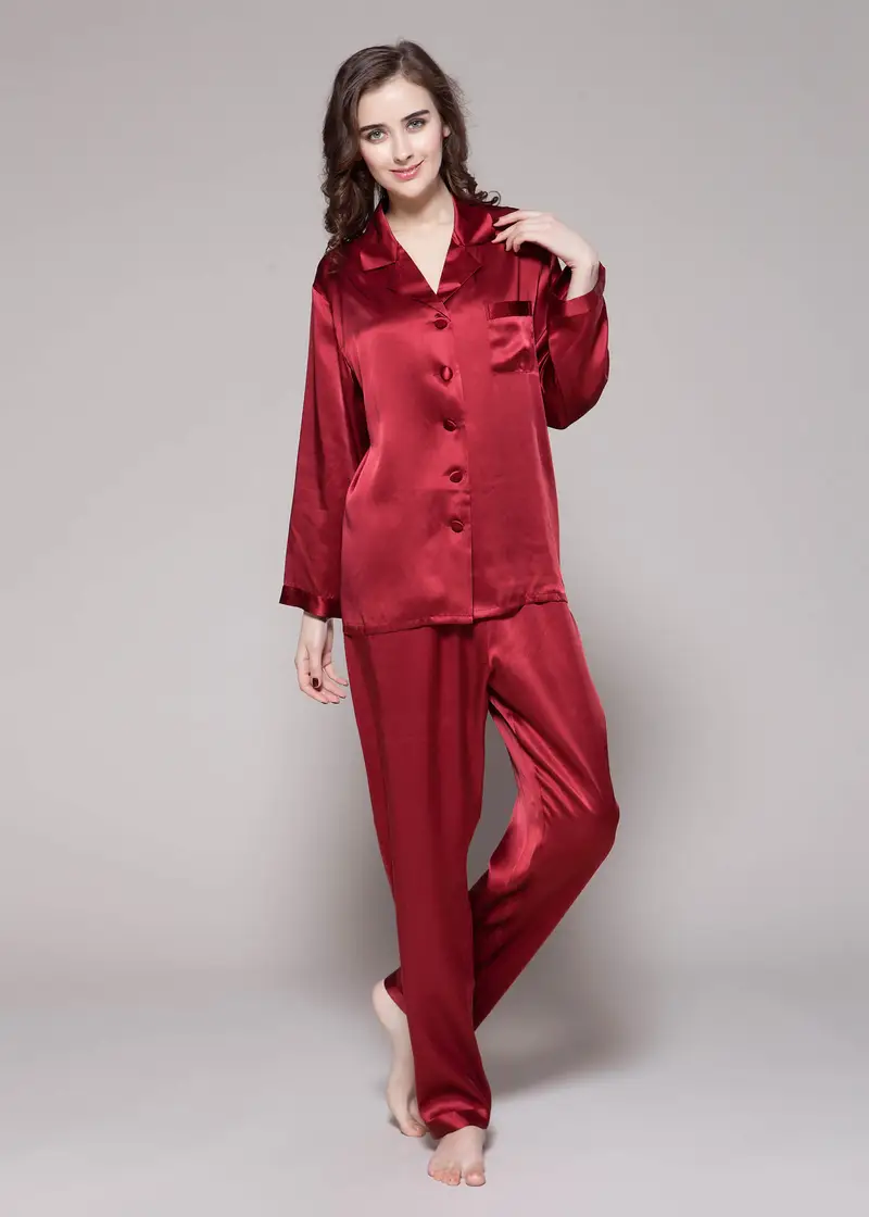 Donne Pigiama Di Seta Rosso Charmeuse Di Seta Liscia Allegri E Traspiranti Scollo A V Leggero E Traspirante Naturalmente Antibatterico Violetto Rosso