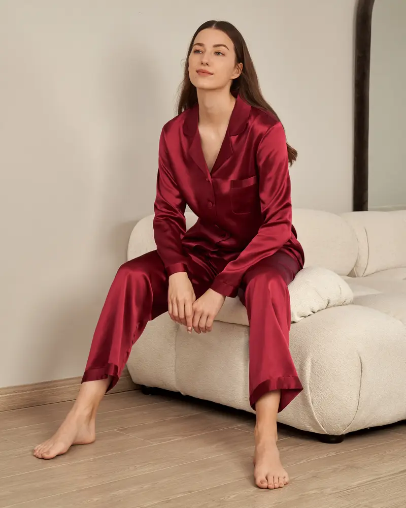 Donne Pigiama Seta Rosso Charmeuse Di Seta Traspirante Ipoallergenico Risvolti Dentellati Maniche Lunghe Ecologico E Non Tossico Violetto Rosso