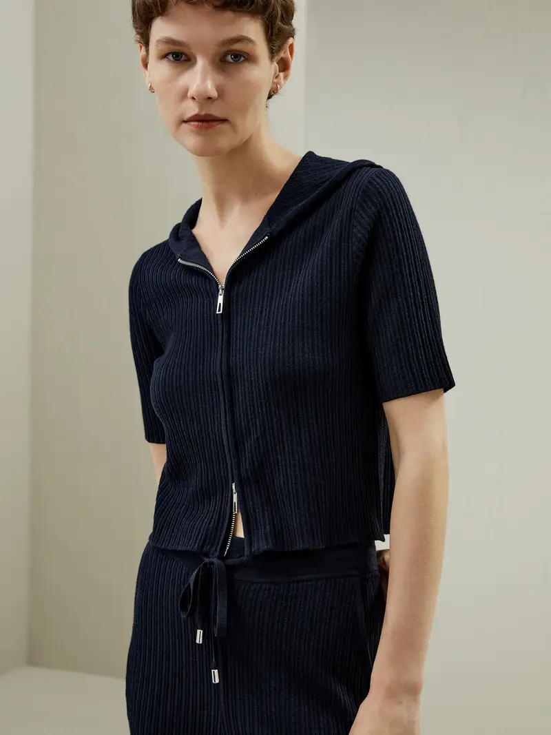 Felpa Cappuccio Donna Abbigliamento Per Il Tempo Libero Lana Lana e Seta Traspirante Superleggero Vestibilità Fluida Blu-Marino