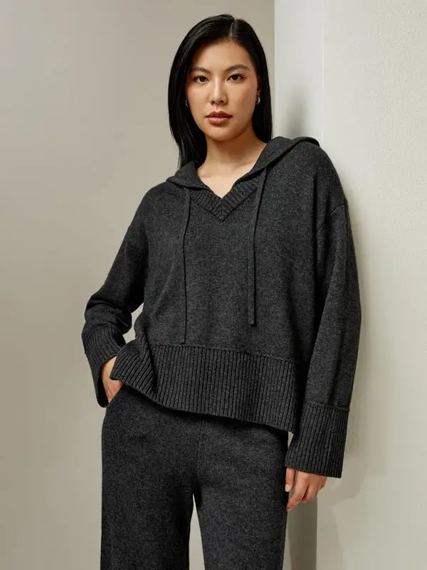 Felpa Con Cappuccio Cappuccio Staccabilemiscela Di Lana Miscela Di Lana Temperatura Regolabile Sano E Sostenibile Grigio Scuro