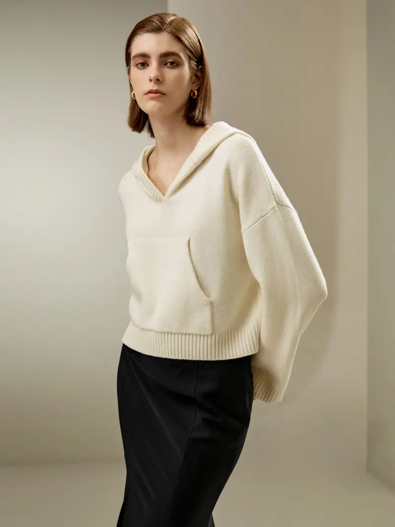 Felpa Con Cappuccio Vestibilità Ampiamiscela Di Lana Miscela Di Lana Classica Tasca A Canguro Temperatura Regolabile Bianco