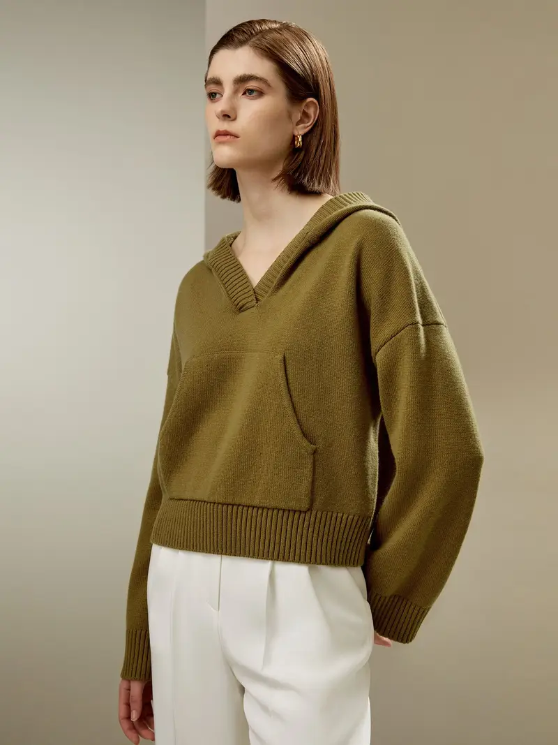 Felpa Da Donna Con Cappuccio Polsini E Orli A Costelana E Cashmere Lana E Cashmere Leggermente Elastica Vestibilità Regolare Verde Avocado