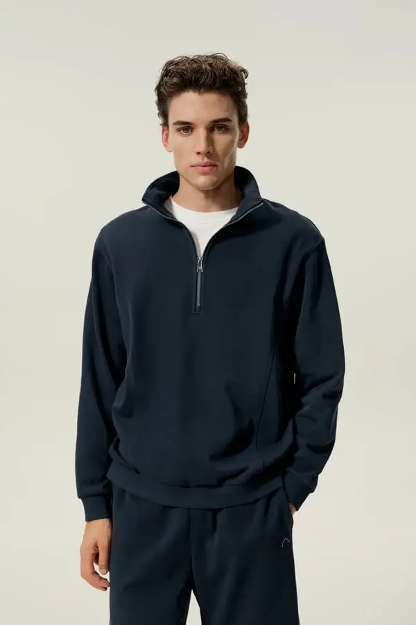 Felpa da Uomo Mezza Zip in Seta SILKERRY Morbida Collo Alto Blu-Marino