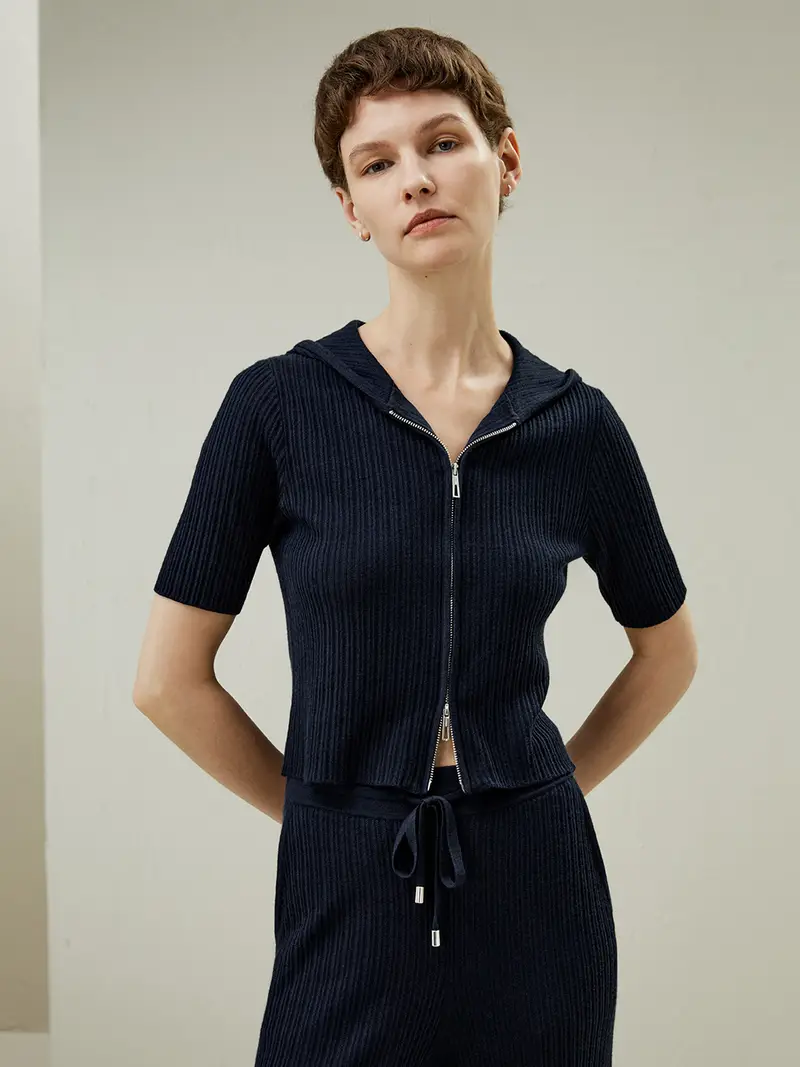 Felpa Donna Cappuccio Cartigan Con Cappuccio 75% Lana, 25% Seta Mista Leggero E Traspirante Traspirante Blu-Marino