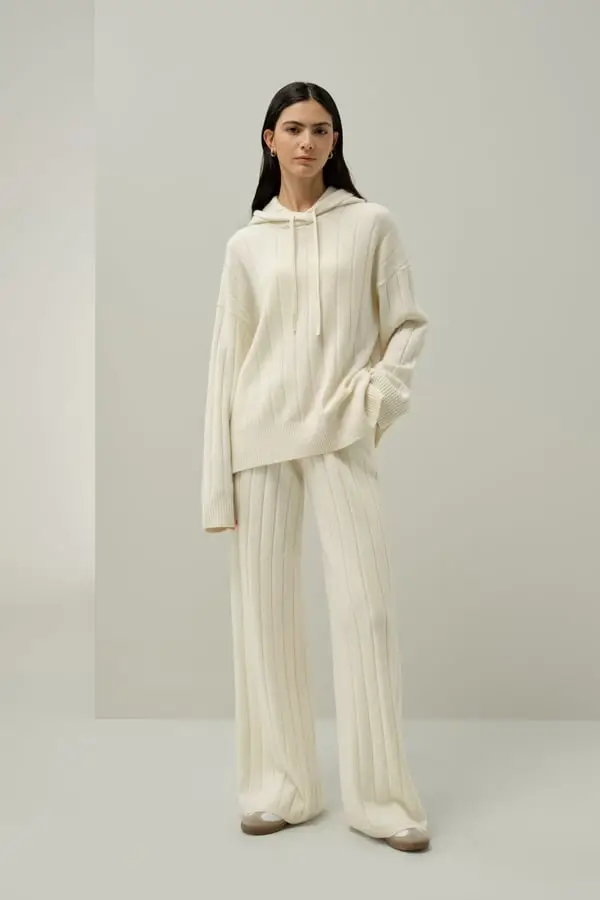 Felpa Donna in Puro Cashmere Oversize a Maglia Coste con Cappuccio Bianco