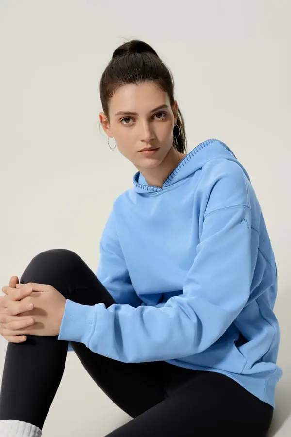Felpa Donna Oversize in Seta e Cotone Morbida con Cappuccio Blu Laguna