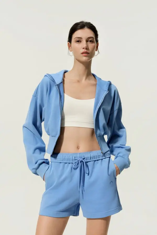 Felpa Donna Zip-up SILKERRY in Cotone e Seta Cropped Traspirante Blu Laguna