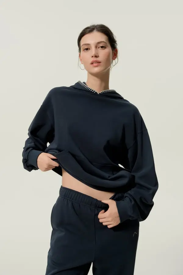 Felpa Oversize da Donna in Seta e Cotone Morbida con Cappuccio Marino
