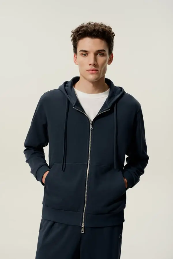 Felpa Uomo con Cappuccio e Zip in Seta e Cotone Traspirante Blu Marino