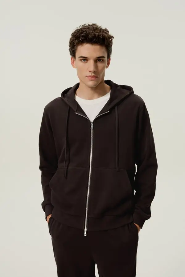 Felpa Uomo in Seta e Cotone con Cappuccio e Zip, Morbida e Comoda, Espresso