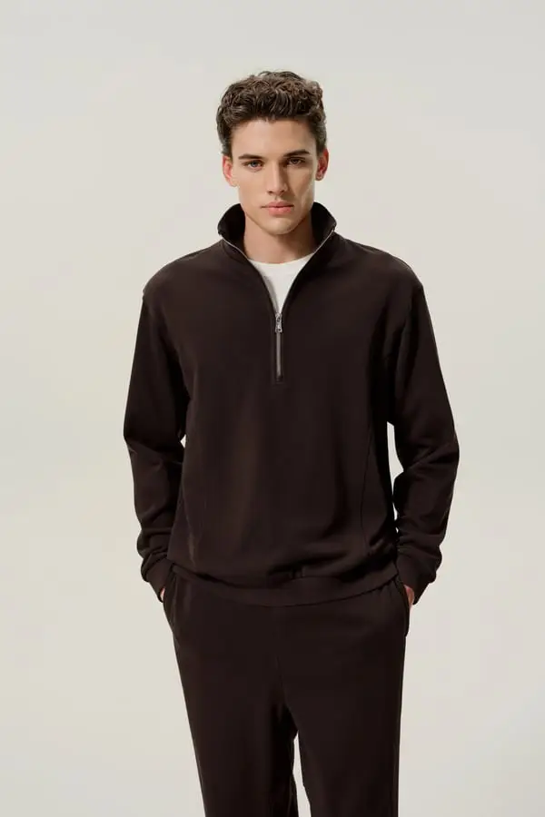 Felpa Uomo in Seta e Cotone Morbida con Mezza Cerniera Casual Espresso