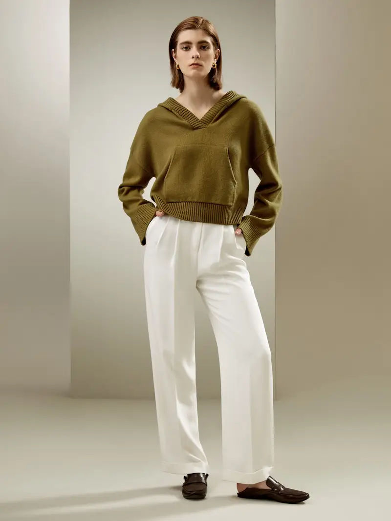 Felpa Zip Cappuccio Tinta Unitalussuosa Miscela Di Lana Lussuosa Miscela Di Lana Casual Athleisure Facile Da Abbinare Verde Avocado