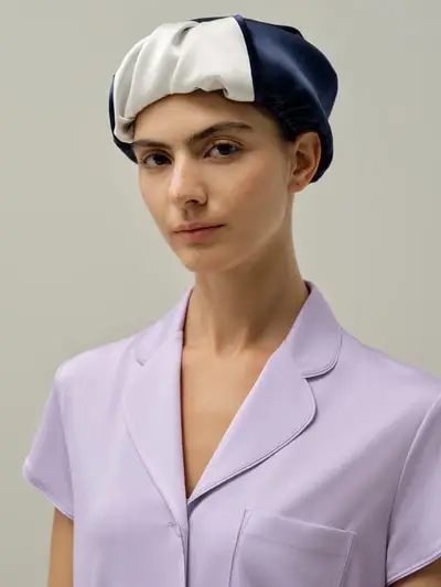 Femmina Cuffia In Seta Per La Notte Pura Seta Pacchetto Regalo Blu Marina - Bianco Naturale