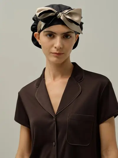 Femmina Cuffia Seta Per Capelli Ricci 100% Seta Di Gelso Più Duraturo E Più Rispettoso Dell'Ambiente Nero - Taupe