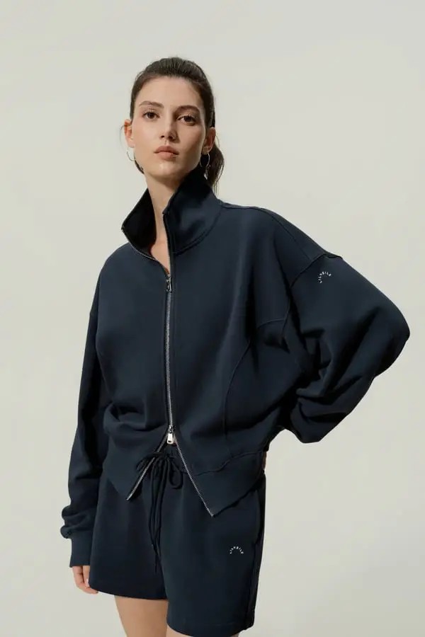 Giacca Donna Casual in Cotone e Seta con Zip e Collo Alto, Marino