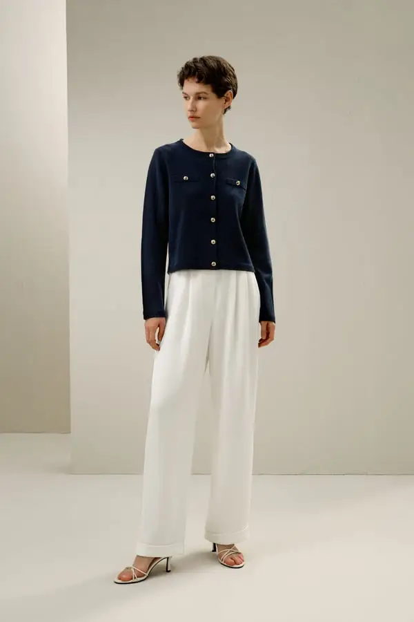 Lilysilk Giacca Donna Elegante in Lana Merino Blu Marino con Bottoni Oro