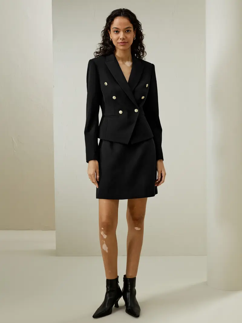 Giacca Donna Lana Stile Corto Slim 16Mm Raso Jacquard Un'Atmosfera Classica Nero