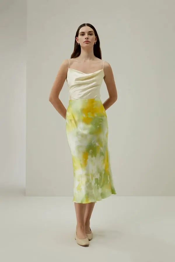 Gonna a Ruota Seta Charmeuse Stampa Estiva Taglio a Bias Elegante Visioni Estive IT50