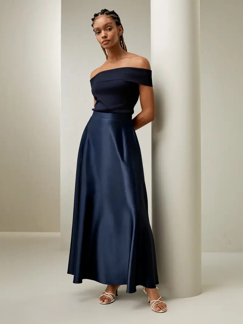 Gonna Di Seta Blu-Marino Maxi Gonna, Gonna A Ombrello 100% Pura Seta Buon Valore, Rispettoso Della Pelle