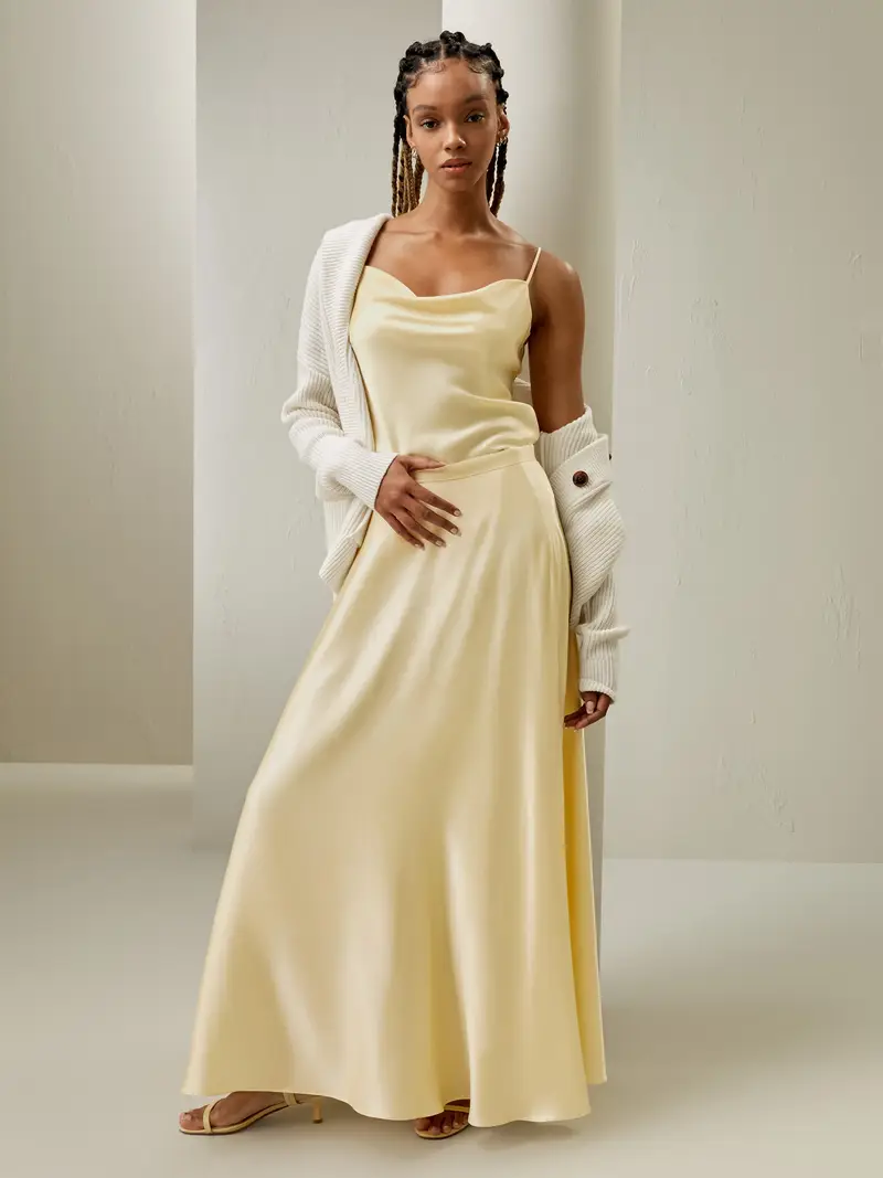 Gonna Di Seta Giallo Oro Tasche Con Cuciture Nascoste 100% Seta Naturale Pezzi Irrinunciabili Per Molteplici Occasioni